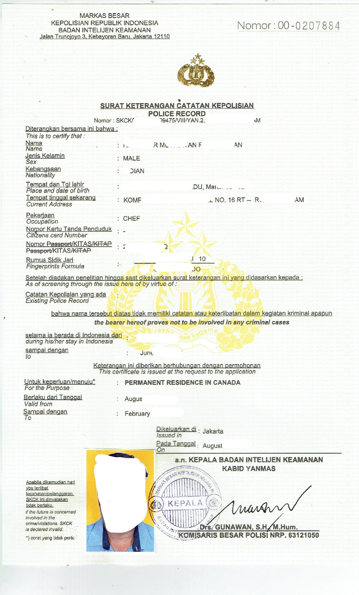 Police Clearance Certificate PCC Indonesia in India