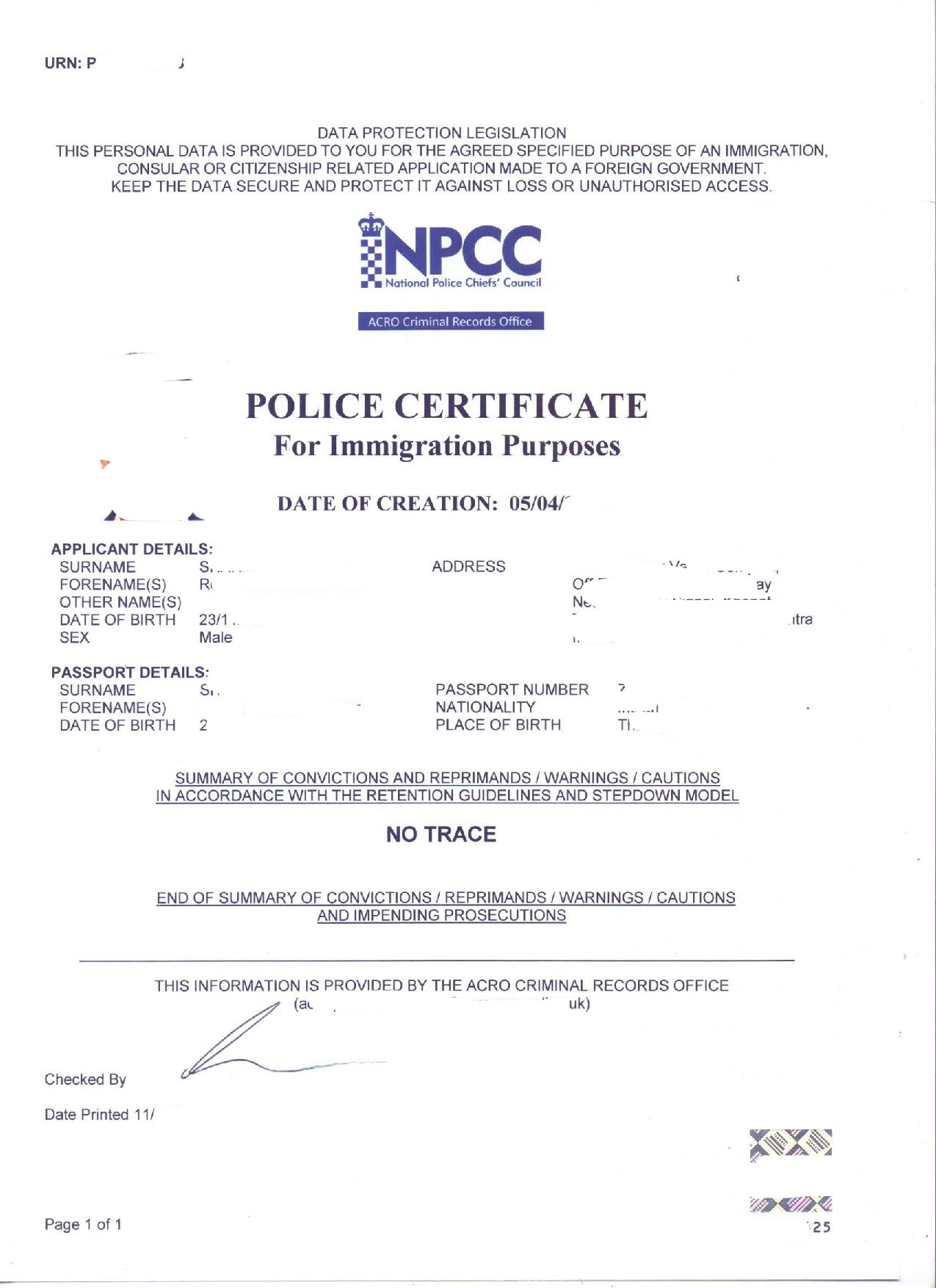 Caius Hearty alarm Police Clearance Certificate PCC United Kingdom in India